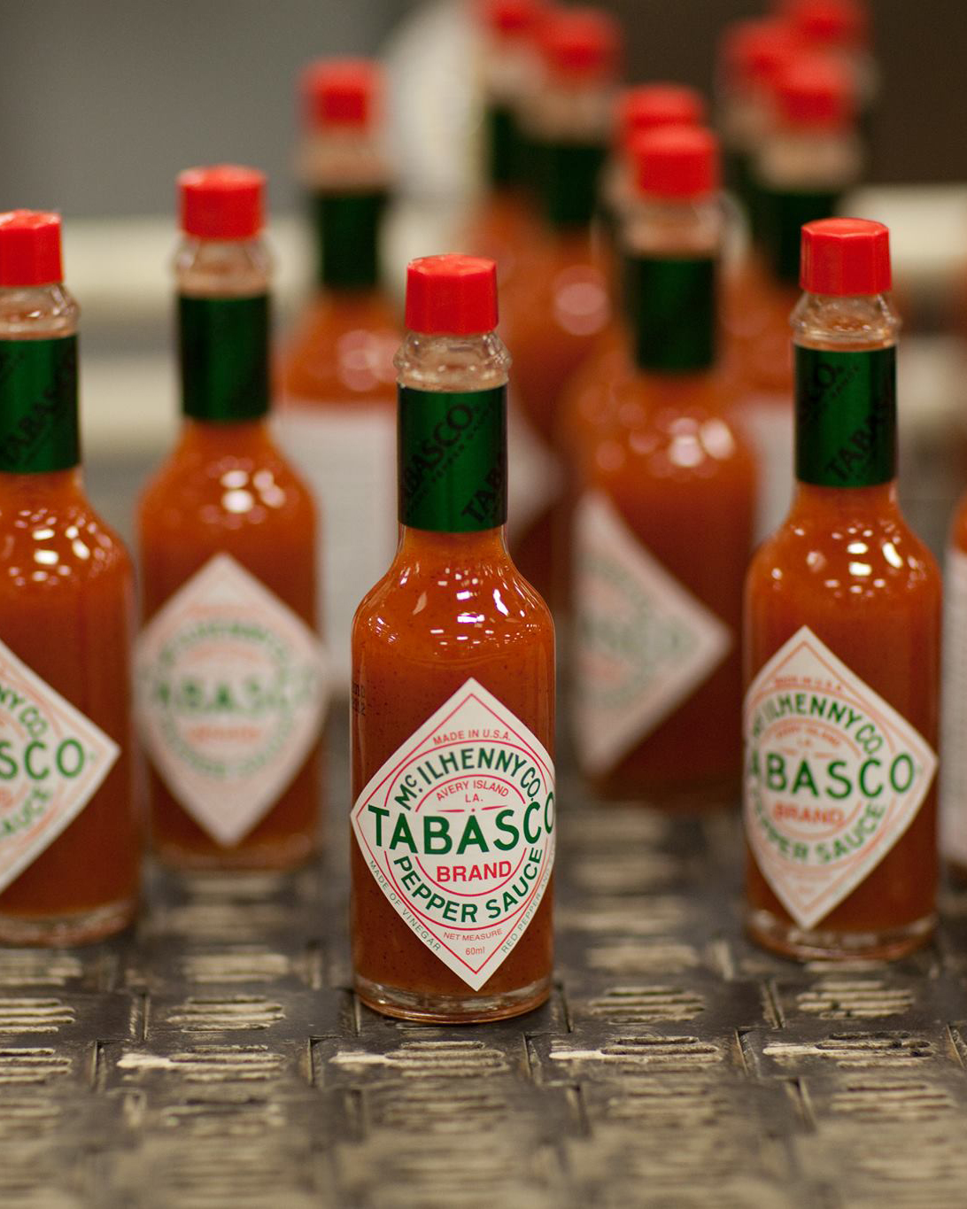 Miniature bottles of Tabasco hot sauce.