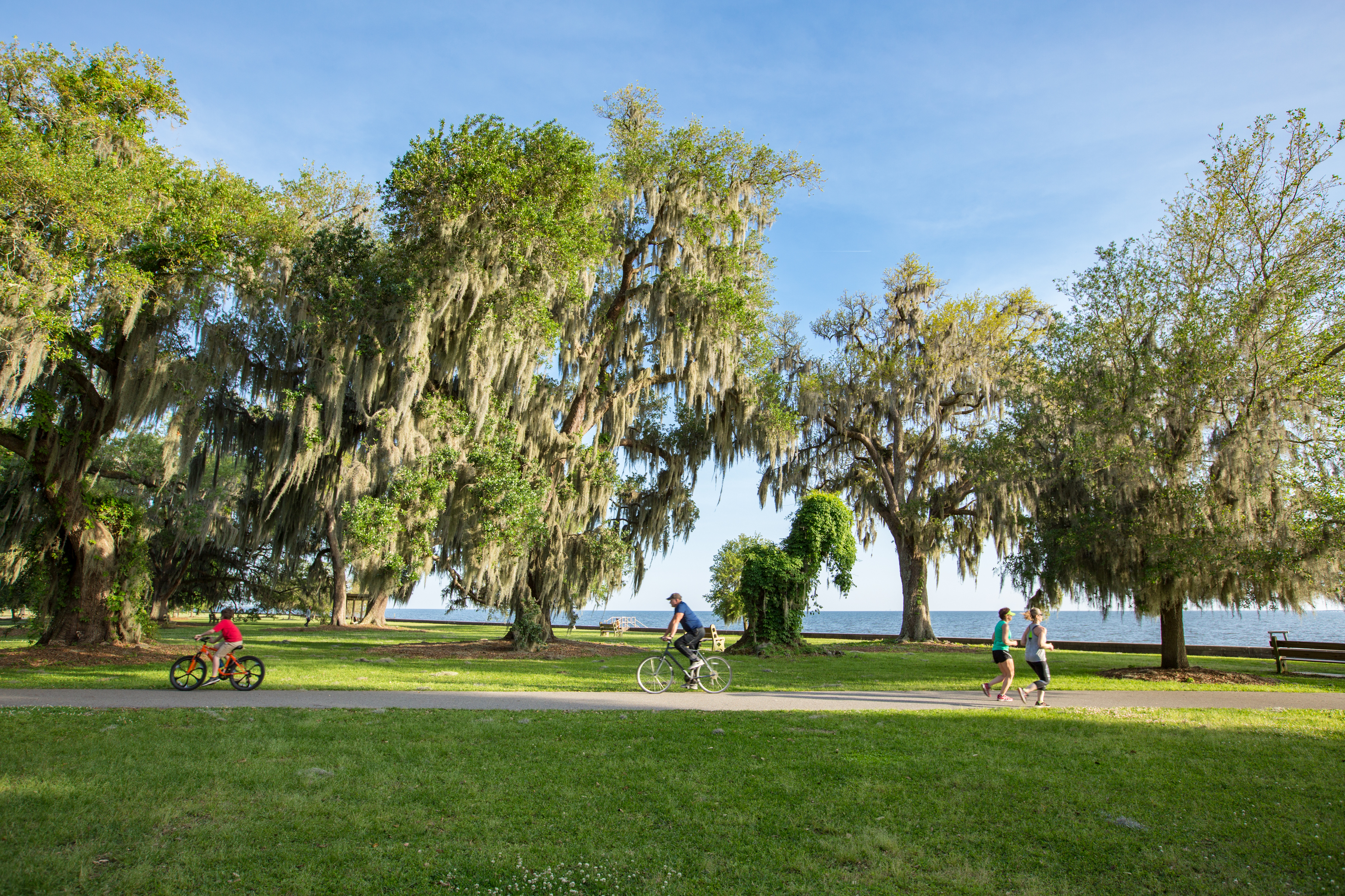 Two people ride bikes and two people jog along a paved trail on a sunny day at the Mandeville Lakefront. Credit: Louisiana Northshore