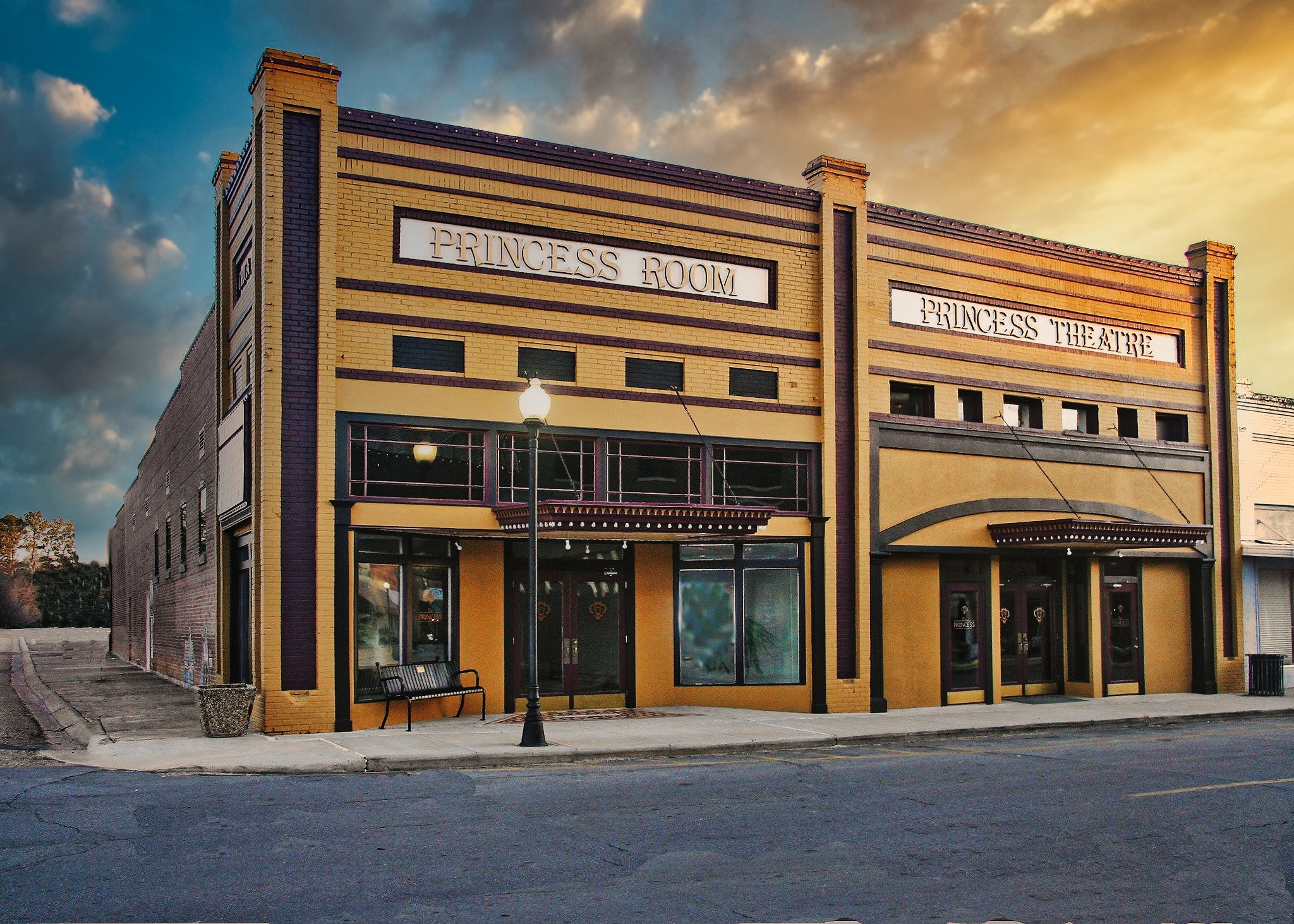The Princess Theatre in downtown Winnsboro at sunset.