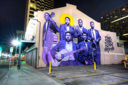 Mural of Buddy Bolden and band painted in 2018 by Brandan "BMike" Odums seen here in 2019.