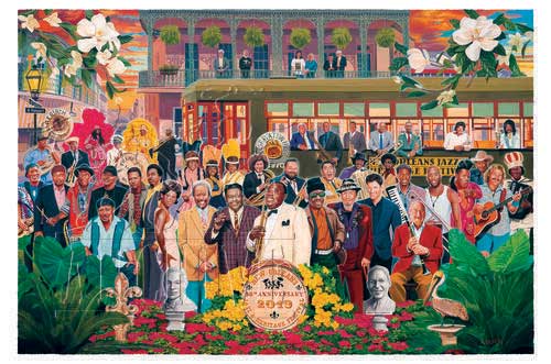 A vividly colored, illustrated poster shows dozens of performers gathered behind a sign for Jazz Fest; a streetcar passes behind them and flowers and greenery fame the scene