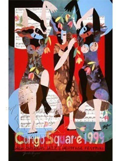 COURTESY OF NEW ORLEANS JAZZ & HERITAGE FOUNDATION. 1999 Congo Square Jazz Fest Poster. Evita Tezeno, artist.