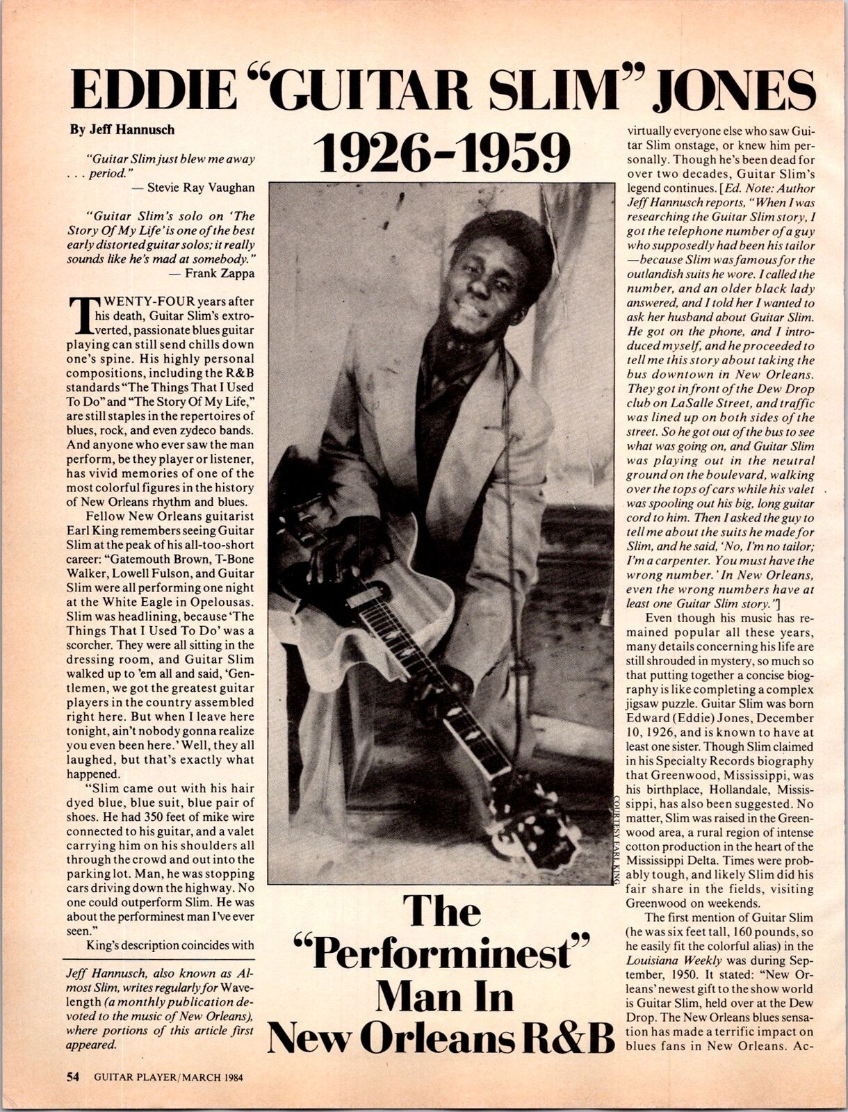 A photo of an article in a magazine; a photo of Guitar Slim jamming on his guitar has the headline "Eddie 'Guitar Slim' Jones 1926-1959"