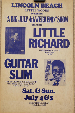 A white poster with blue letters announces Little Richard and Guitar Slim will be playing Lincoln Beach for a big July 4th weekend show