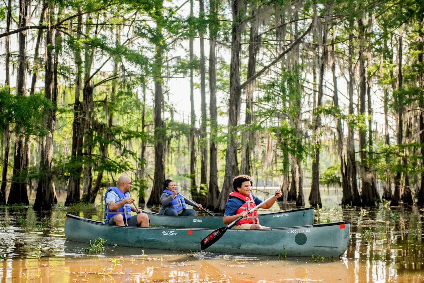 People sit in two green canoes and paddle through a sunny through a classic Louisiana cypress swamp at golden hour. 