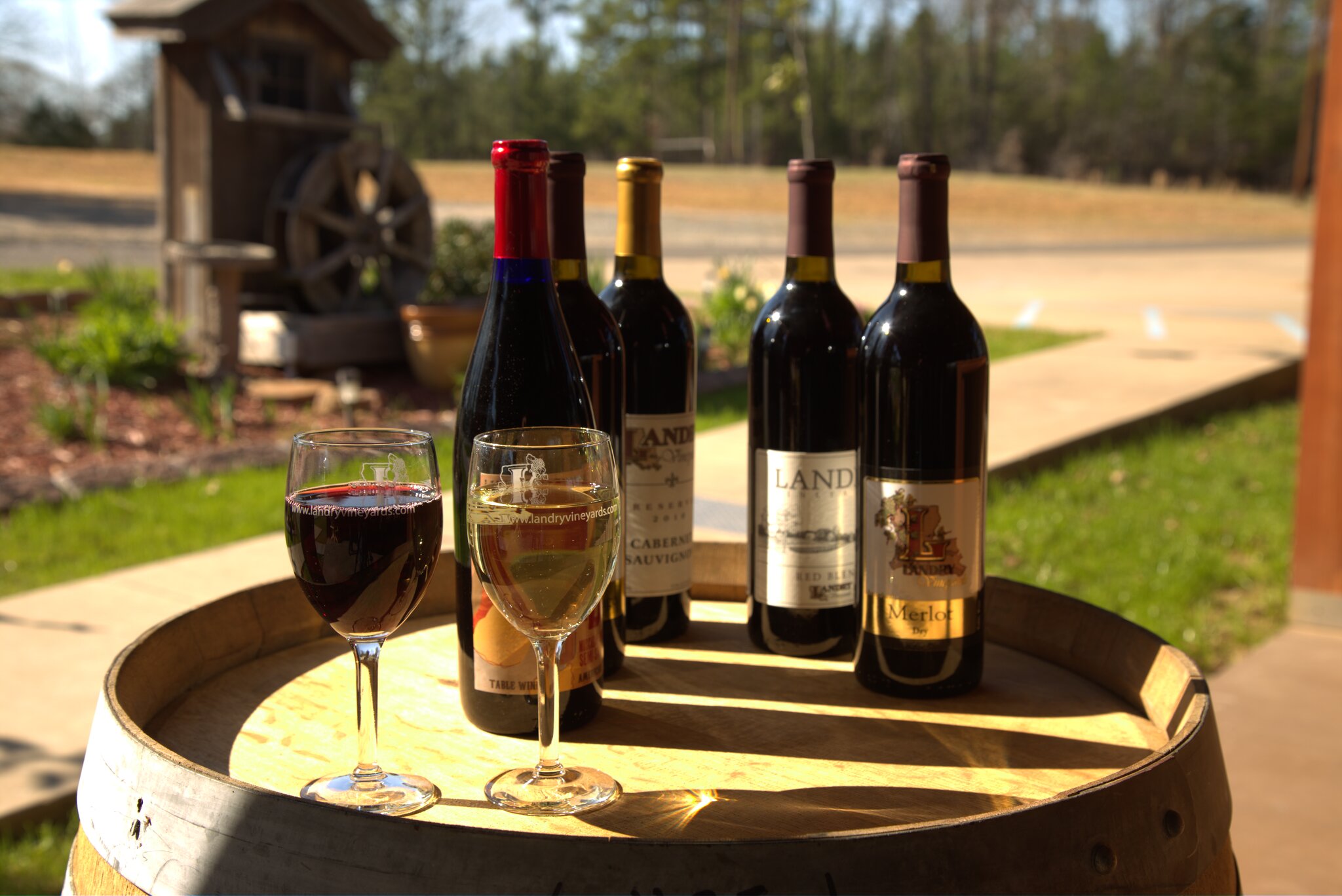 Landry Vineyard Wines Bottles of red wine sit on a barrel behind a full glass of red wine and a full glass of white wine.
