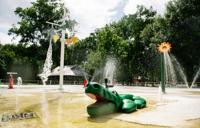 A water playground at Lake Fausse Pointe State Park, featuring an alligator fountain and flowers spraying water from high above the ground.