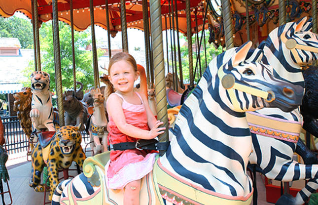 A child smiles on a zebra aboard the Audubon Park Carousel