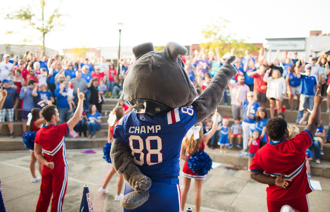 Champ the Louisiana Tech University Bulldog Mascot at a pre-game pep rally