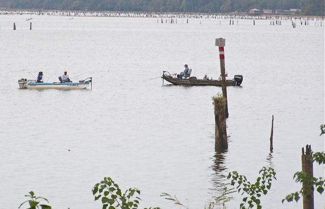 Anglers fishing from small boats on Lake D’Arbonne in Louisiana.
