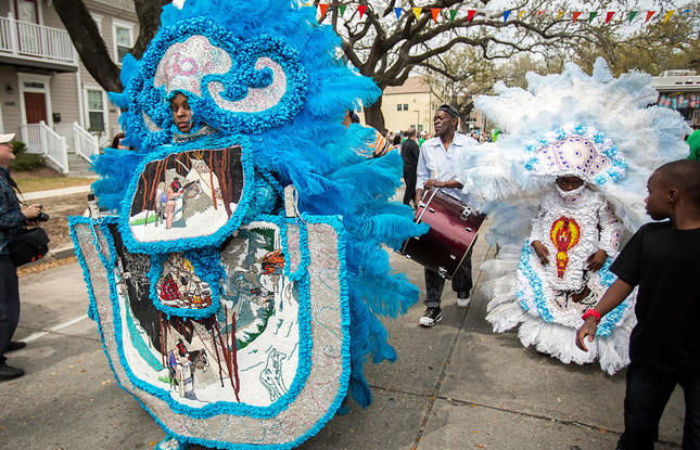 Mardi Gras Indians in Elaborate costumes parade on Super Sunday in New Orleans.