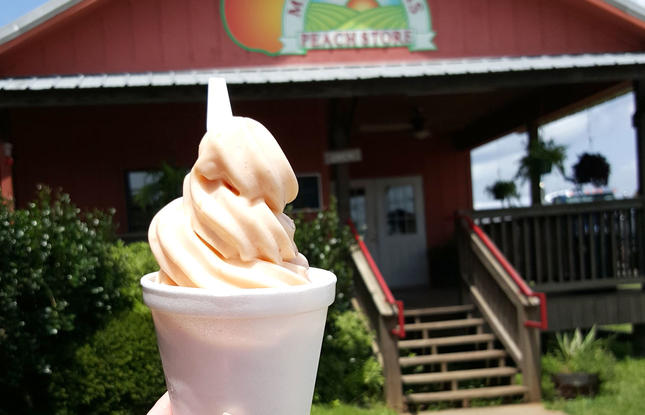 Peach soft-serve ice cream at Micham Farms Peach Store.