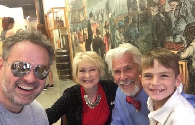 Jason Bayard, Dee Wallace, Barry Bostwick &amp; Bayard's son on set of Christmas in Louisiana