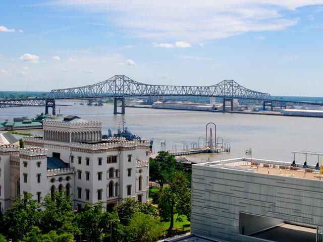 The Old State Captiol and Shaw Center for the Arts overlooking the Mississippi River.