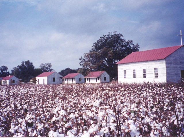 Historical church and furnished slave quarters at Frogmore Cotton Plantation