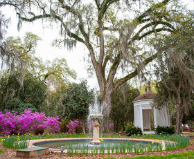 A fountain with lush greenery in the background at the Rosedown Plantation and Gardens State Historic Site in Francisville, LA.