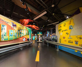 The interior of Capitol Park Museum, featuring a map of the state and a giant crawfish above a postcard graphic.