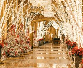 The Roosevelt Hotel Holiday Lobby, with brightly lit trees on either side of the hallway.