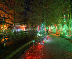 The Holiday Trail of Lights in Alexandria, a river winding along the downtown area, lined with trees wrapped in red-and-green lights.