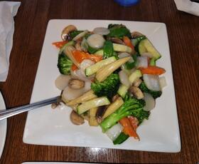 A plate full of saucy veggies from Mandarin Chinese &amp; Sushi in Alexandria