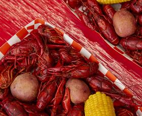 White-and-red-checkered trays hold boiled crawfish, red potatoes and corn.