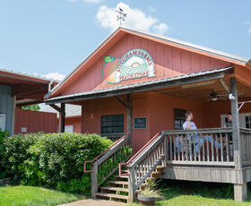 Visitors relax on the porch of the rustic Mitcham Farms Peach Store, marked by its peach-themed sign and red wooden exterior.