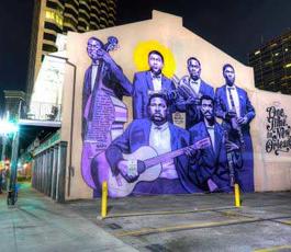 Mural of Buddy Bolden and band painted in 2018 by Brandan "BMike" Odums seen here in 2019.