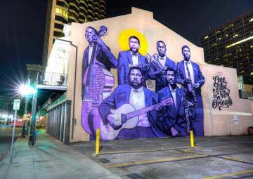 Mural of Buddy Bolden and band painted in 2018 by Brandan "BMike" Odums seen here in 2019.