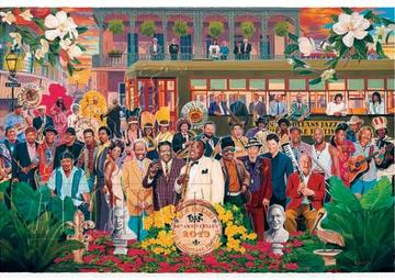 A vividly colored, illustrated poster shows dozens of performers gathered behind a sign for Jazz Fest; a streetcar passes behind them and flowers and greenery fame the scene