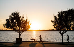 A person and their dog walk along Prien Lake at sunset.