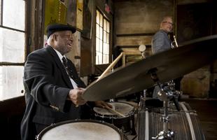 Drummer of a jazz band performing at Preservation Jazz Hall in New Orleans.