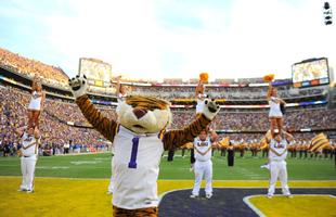 The Louisiana State University mascot stretches his hands into the air.